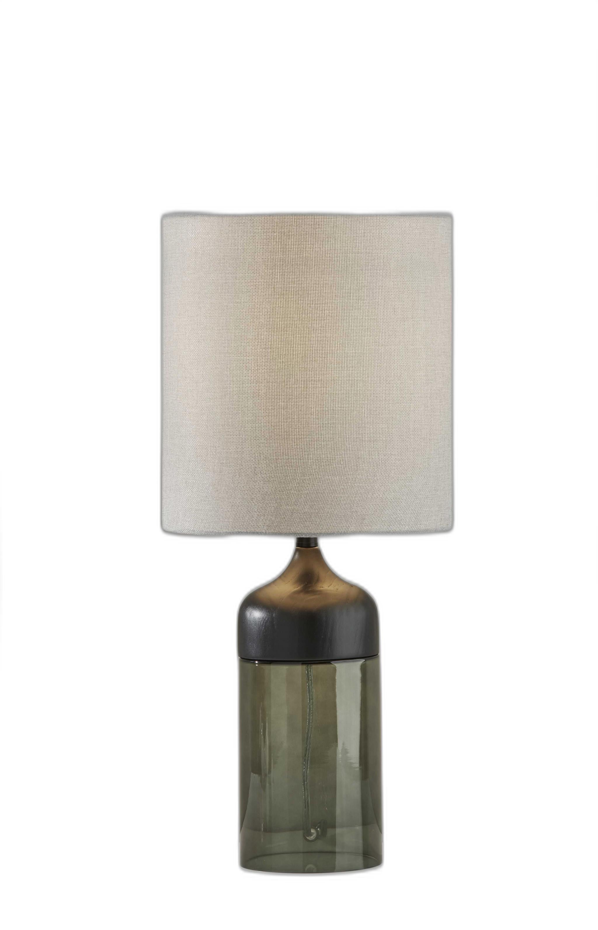 23" Black Wood And Smoked Glass Bedside Lamp With Gray Drum Shade-Table Lamps-DECOROLALA