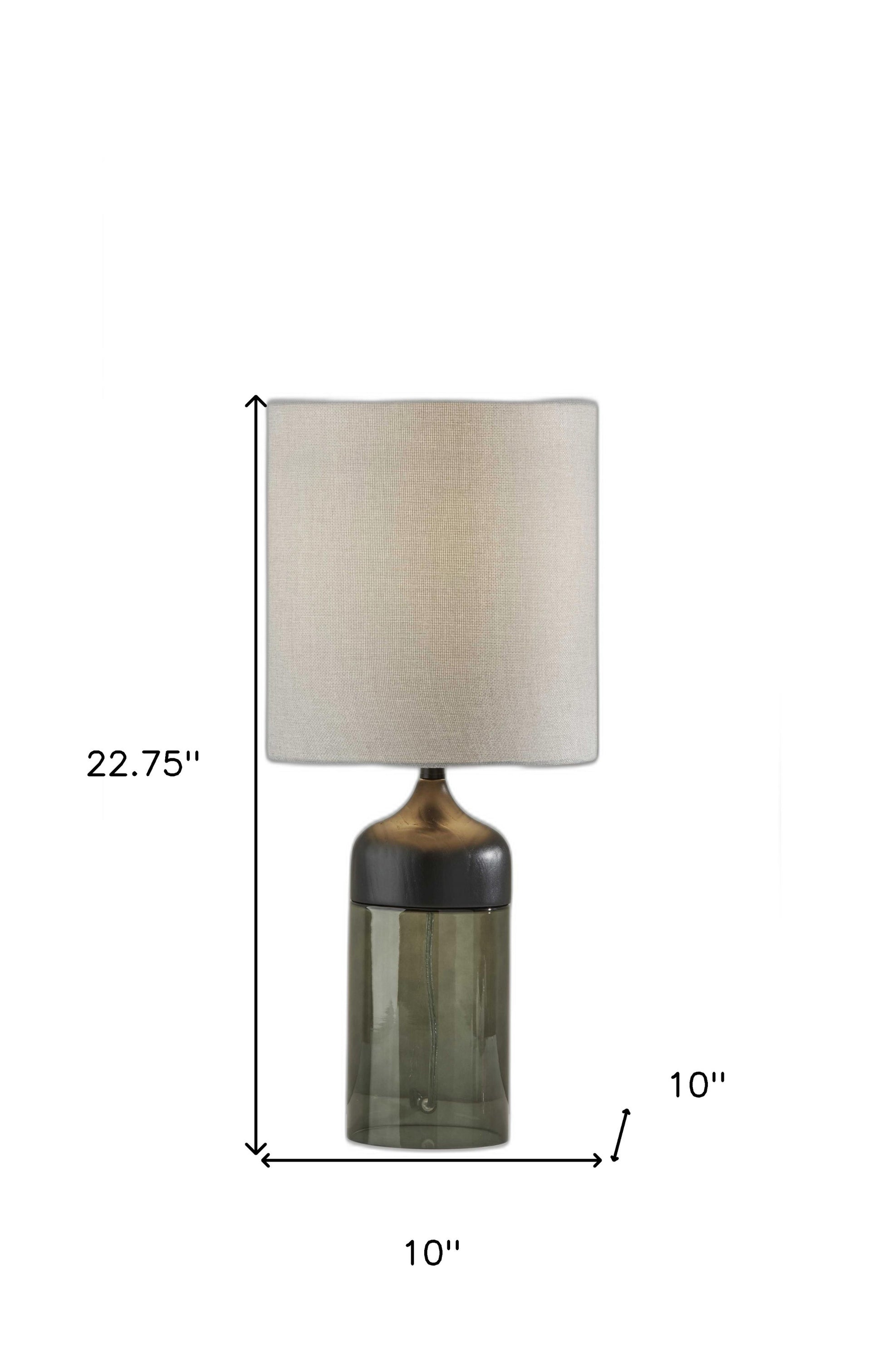 23" Black Wood And Smoked Glass Bedside Lamp With Gray Drum Shade-Table Lamps-DECOROLALA