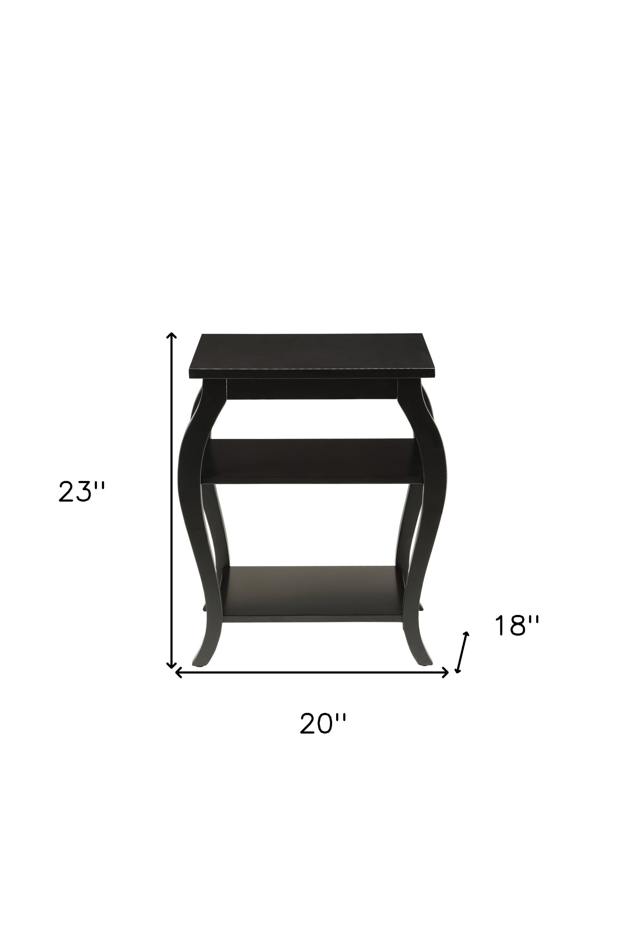 23" Black Wood Bow Leg End Table With Two Shelves-End-Side Tables-DECOROLALA