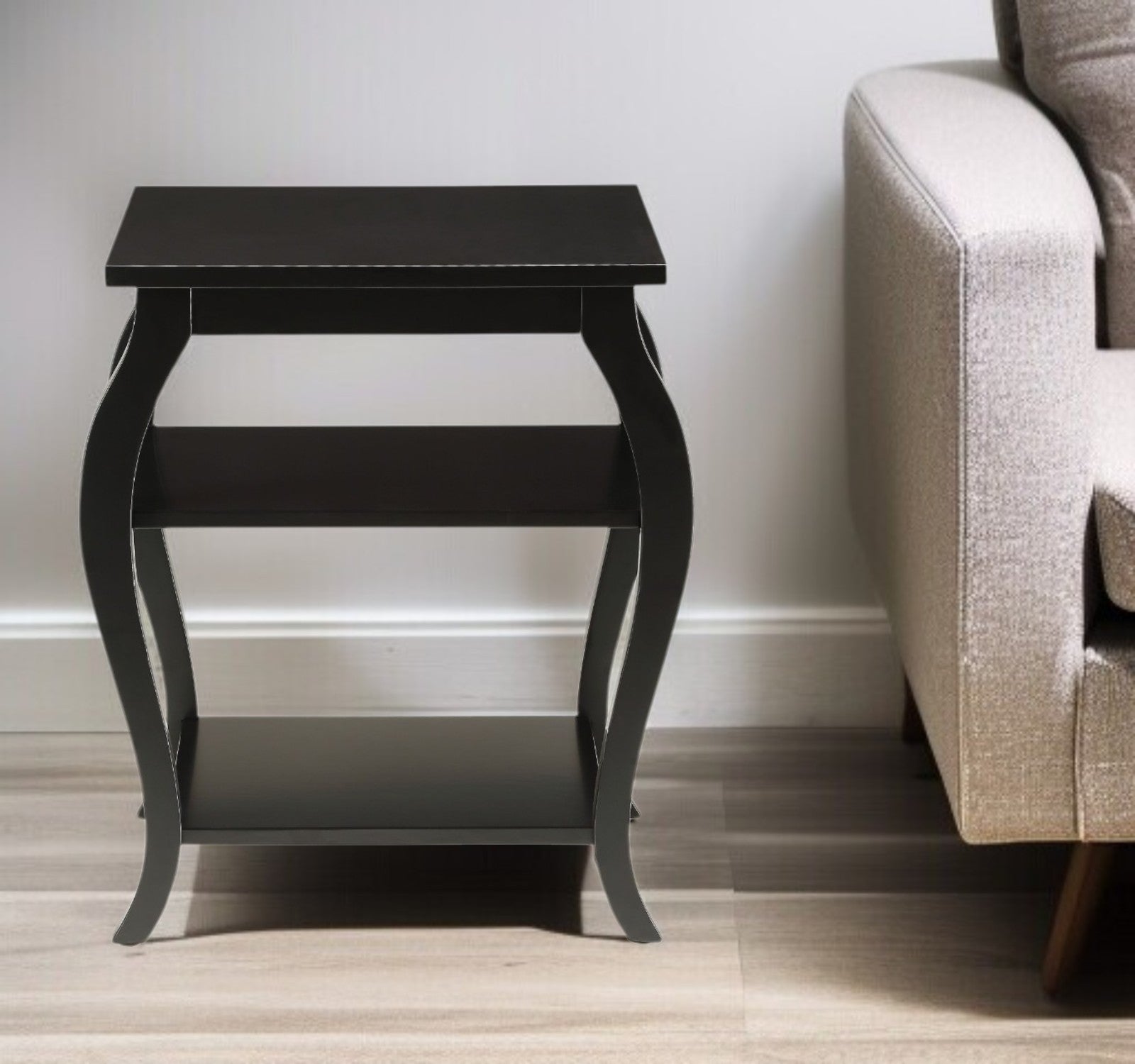 23" Black Wood Bow Leg End Table With Two Shelves-End-Side Tables-DECOROLALA