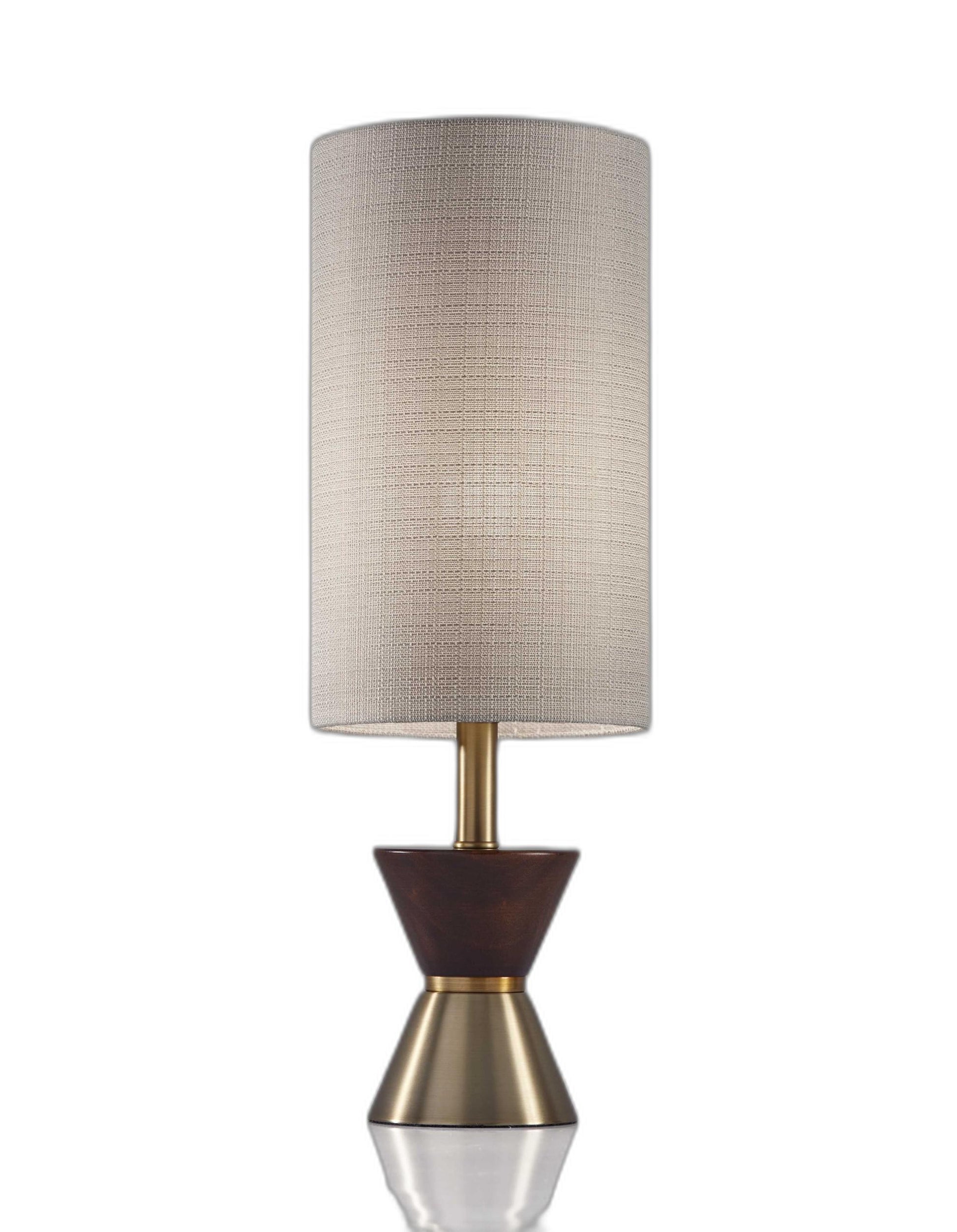 23" Brass Metal And Wood Table Lamp With Beige Drum Shade-Table Lamps-DECOROLALA