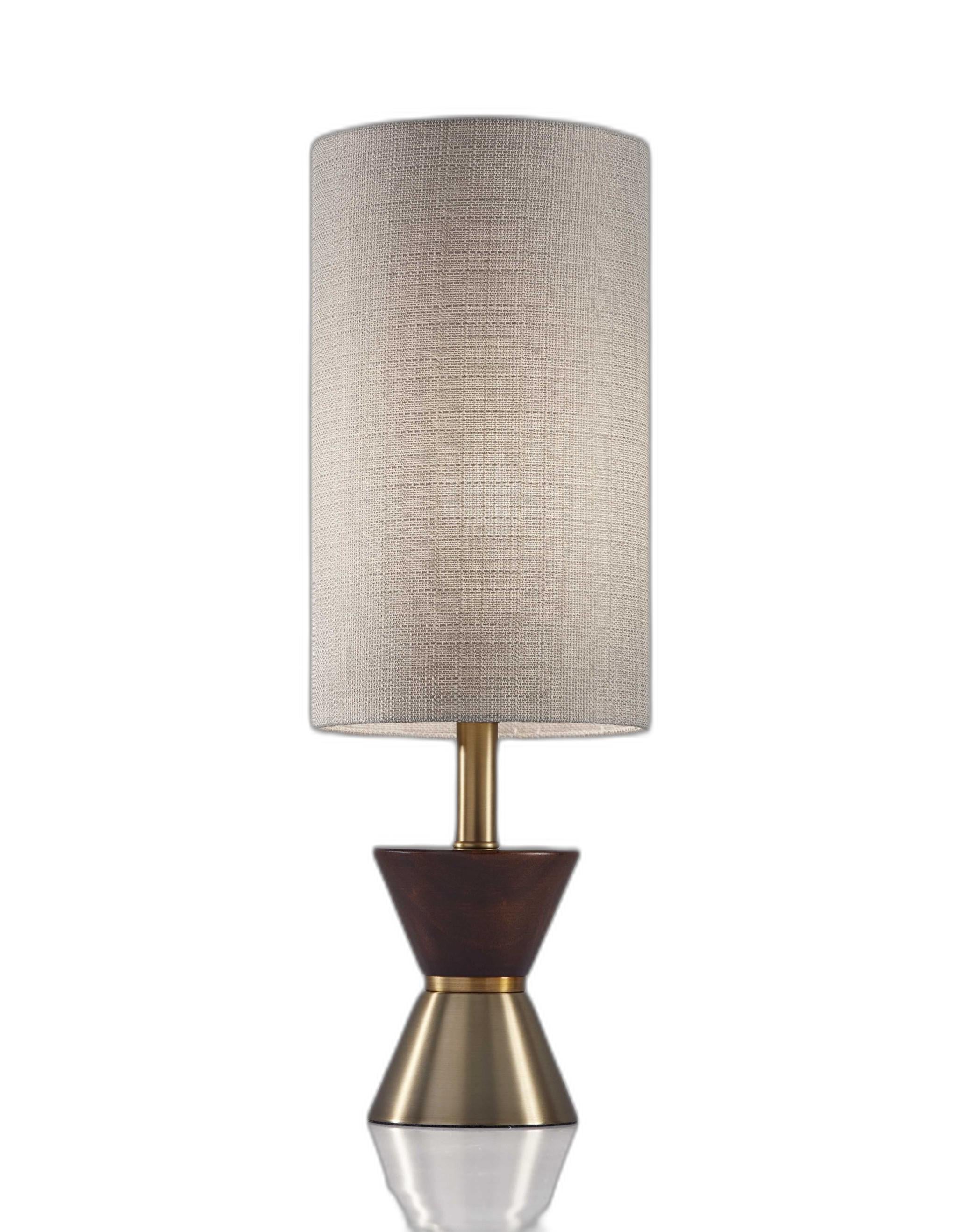 23" Brass Metal And Wood Table Lamp With Beige Drum Shade-Table Lamps-DECOROLALA