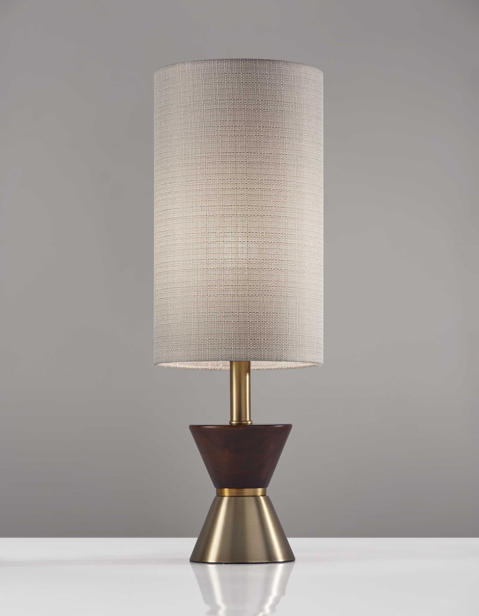 23" Brass Metal And Wood Table Lamp With Beige Drum Shade-Table Lamps-DECOROLALA