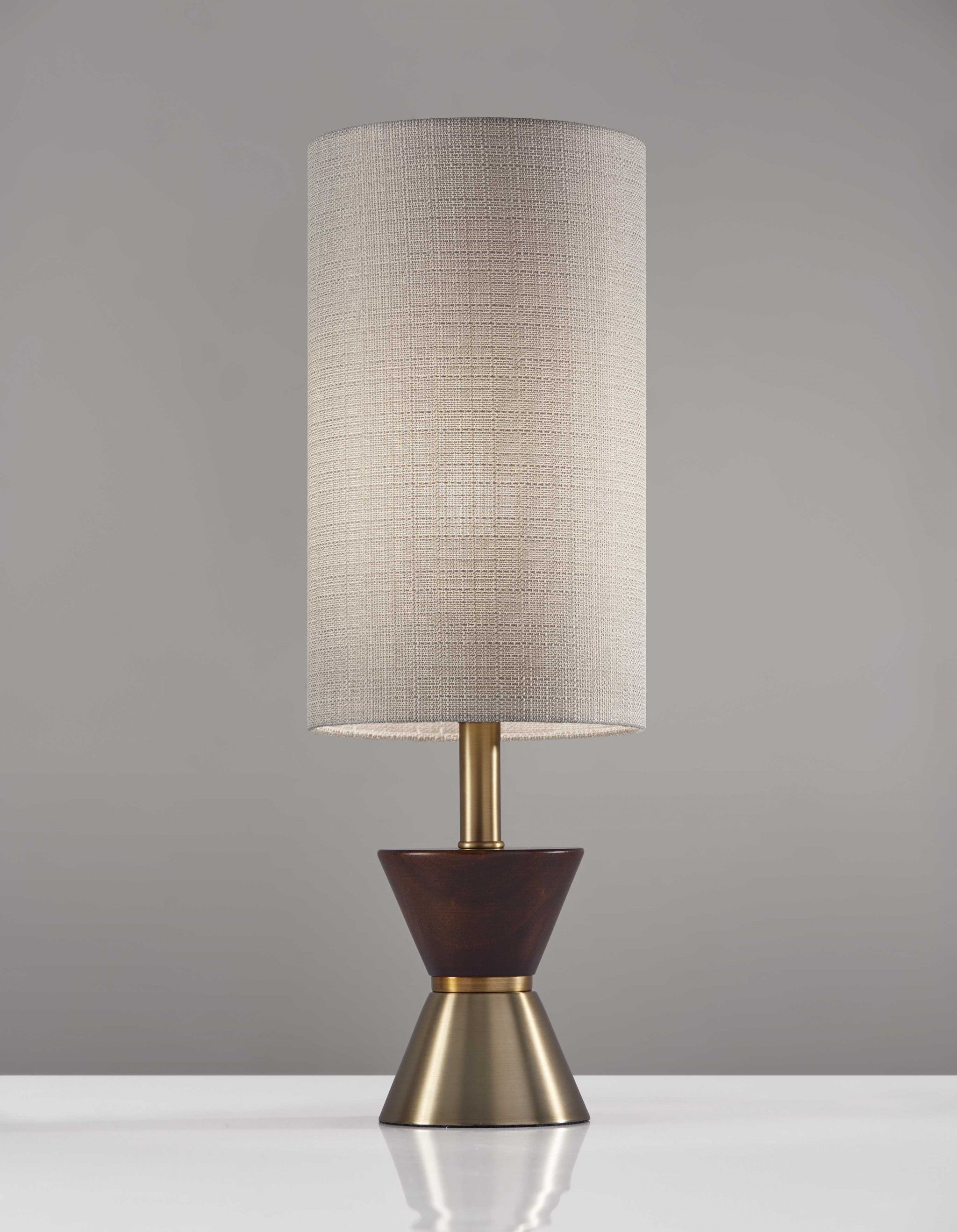 23" Brass Metal And Wood Table Lamp With Beige Drum Shade-Table Lamps-DECOROLALA