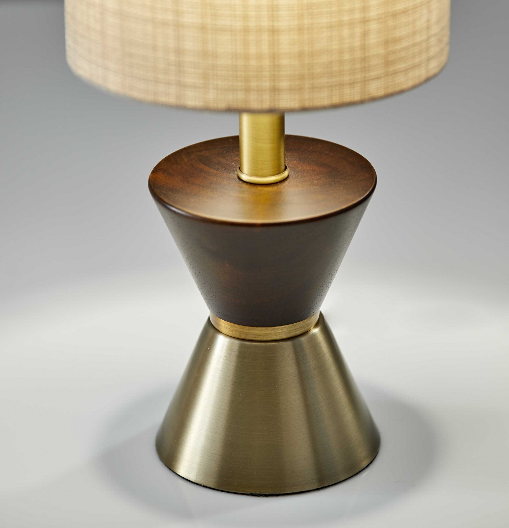 23" Brass Metal And Wood Table Lamp With Beige Drum Shade-Table Lamps-DECOROLALA