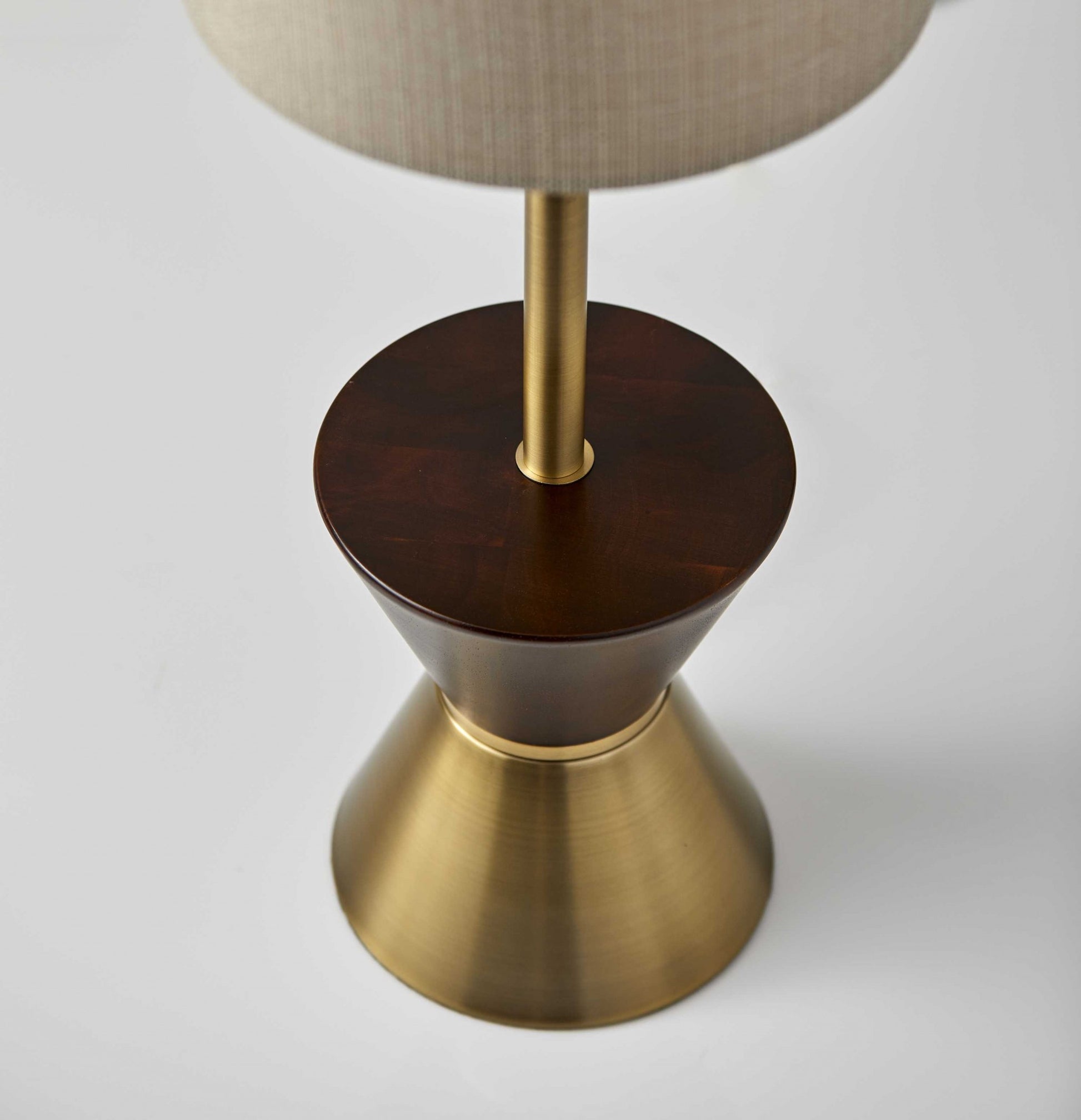 23" Brass Metal And Wood Table Lamp With Beige Drum Shade-Table Lamps-DECOROLALA