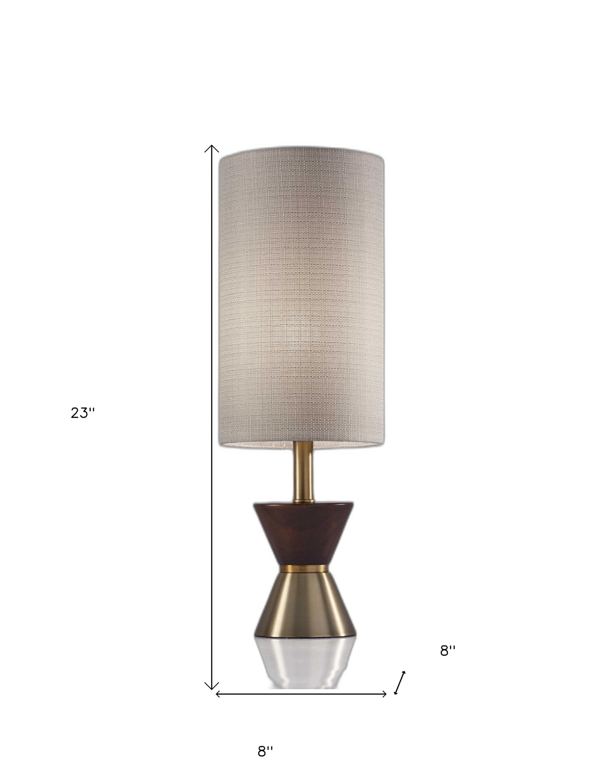 23" Brass Metal And Wood Table Lamp With Beige Drum Shade-Table Lamps-DECOROLALA