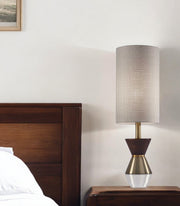 23" Brass Metal And Wood Table Lamp With Beige Drum Shade-Table Lamps-DECOROLALA