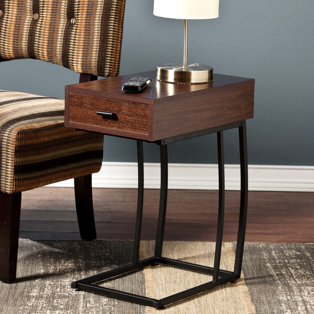 23" Brown Manufactured Wood And Iron Rectangular End Table With Drawer-End-Side Tables-DECOROLALA