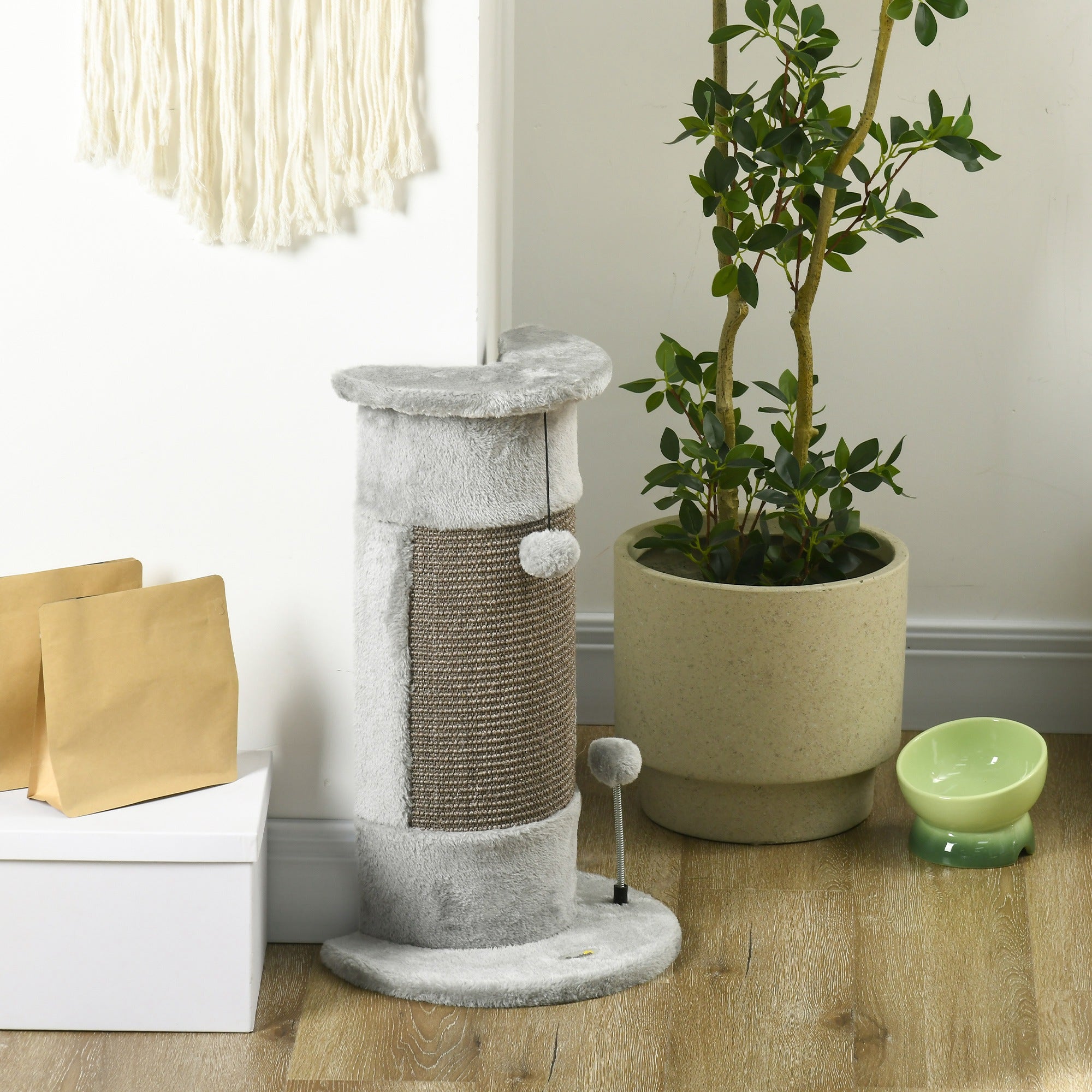 23" Cat Scratching Post with Sisal, Play Balls & Plush - Grey-Cats-DECOROLALA