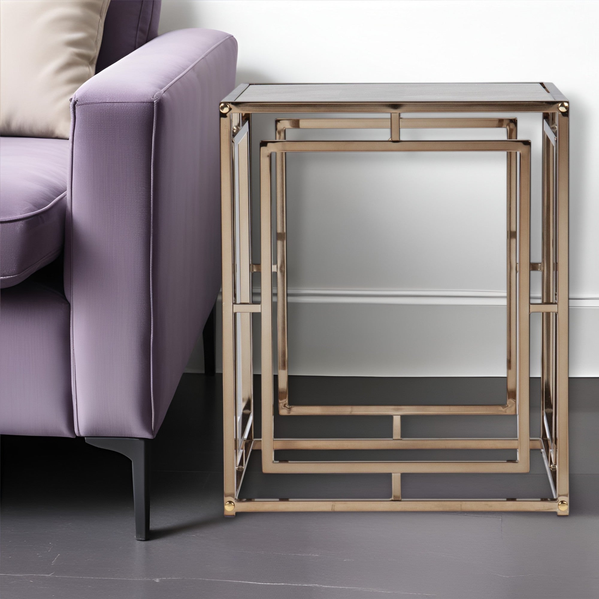 23" Champagne Glass And Iron Square End Table-End-Side Tables-DECOROLALA