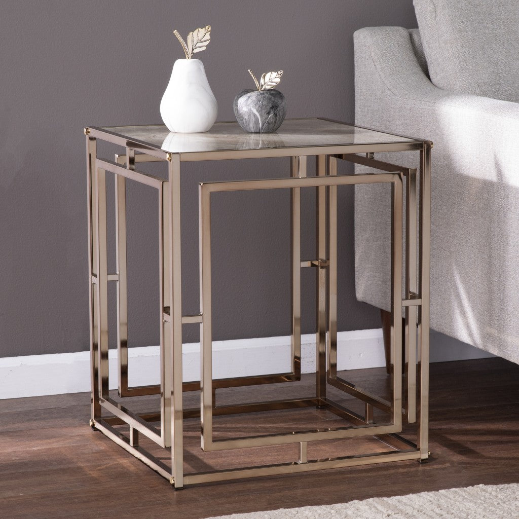 23" Champagne Glass And Iron Square End Table-End-Side Tables-DECOROLALA