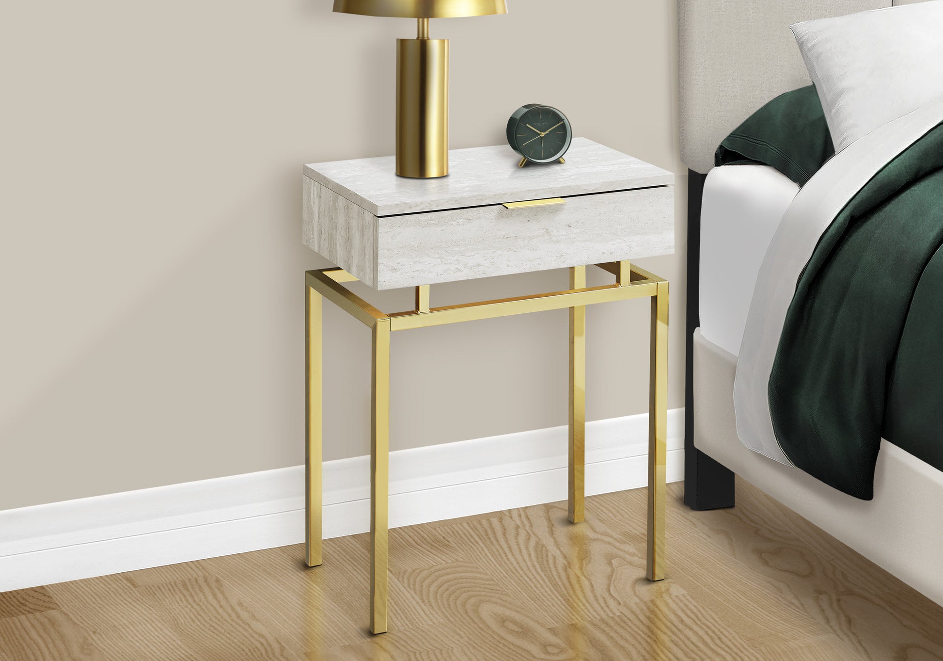 23" Gold And Beige Wood And Metal End Table With Drawer-End-Side Tables-DECOROLALA