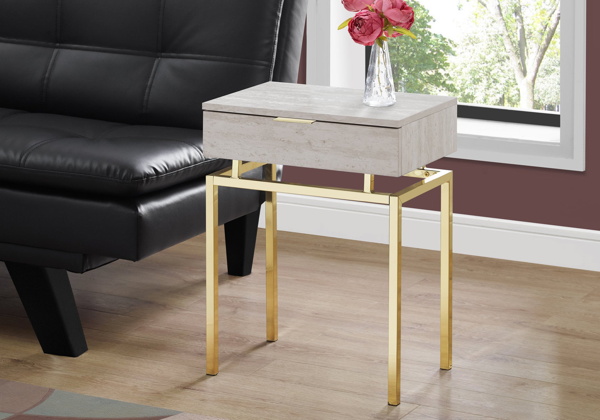 23" Gold And Beige Wood And Metal End Table With Drawer-End-Side Tables-DECOROLALA