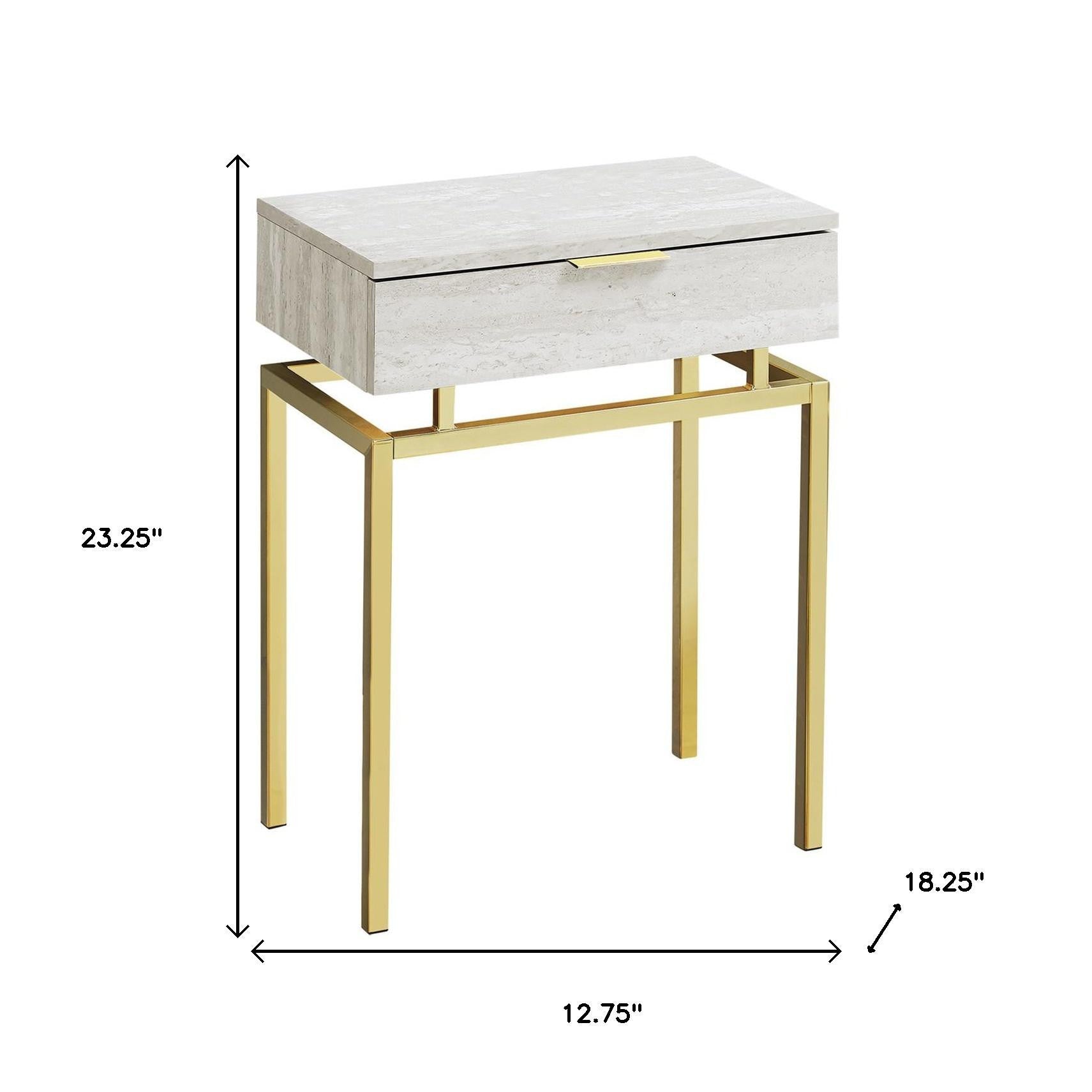 23" Gold And Beige Wood And Metal End Table With Drawer-End-Side Tables-DECOROLALA