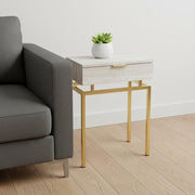 23" Gold And Beige Wood And Metal End Table With Drawer-End-Side Tables-DECOROLALA