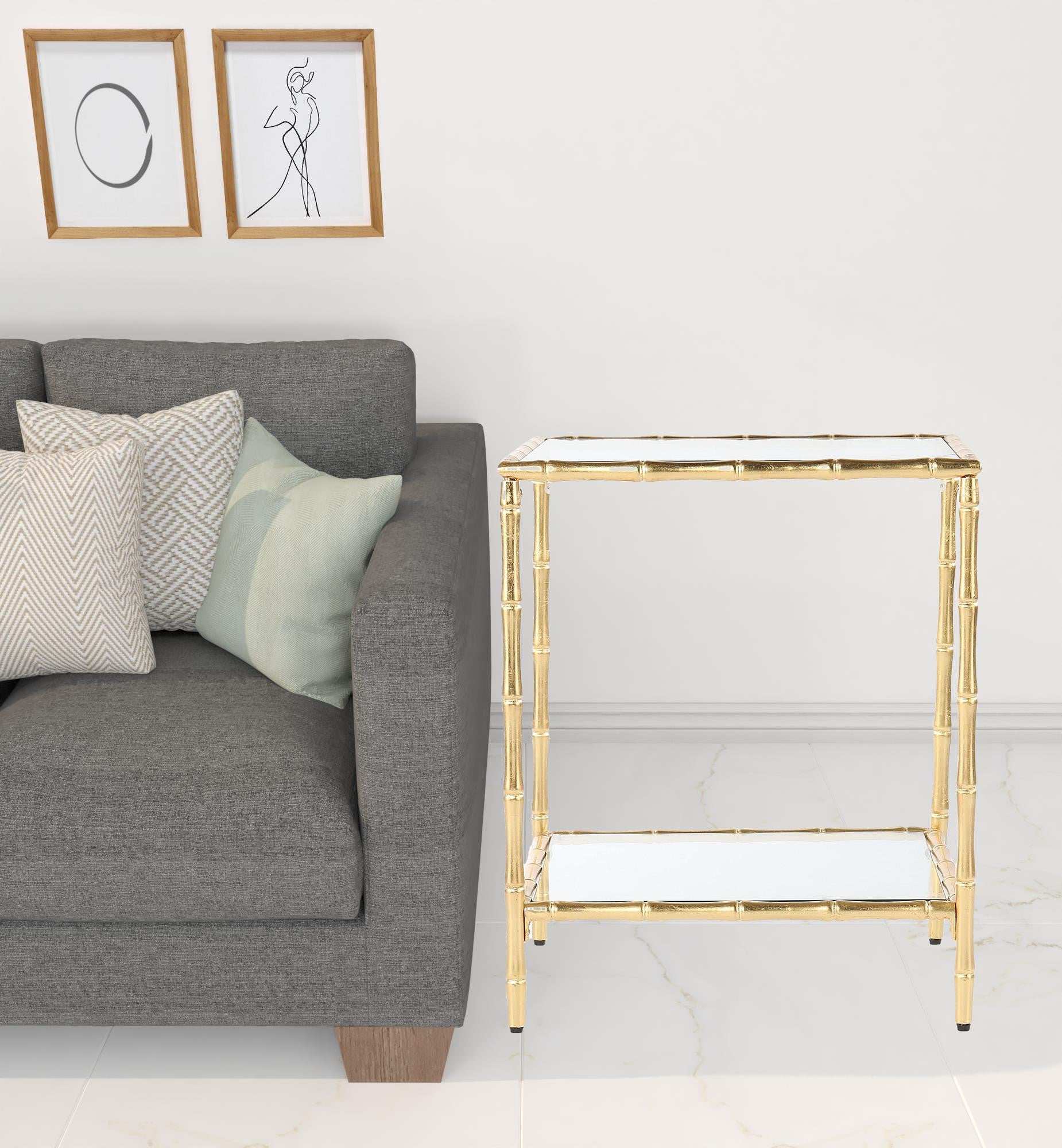 23" Gold Glass Top Square End Table With Shelf-End-Side Tables-DECOROLALA