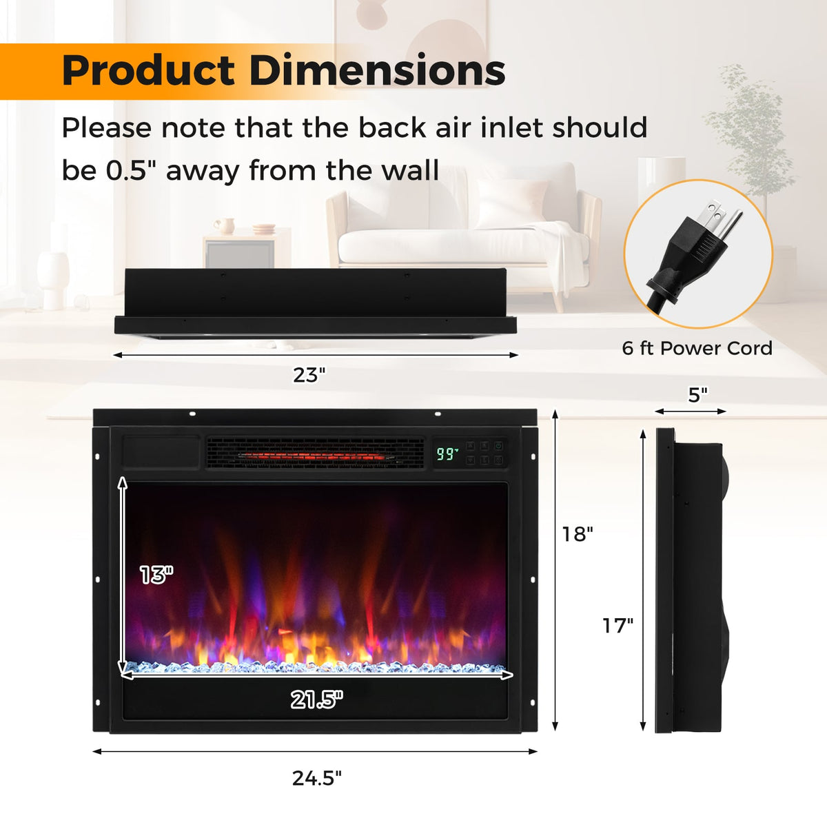 23 Inch 1500W Recessed Electric Fireplace Insert with Remote Control-Black-Fireplaces-DECOROLALA