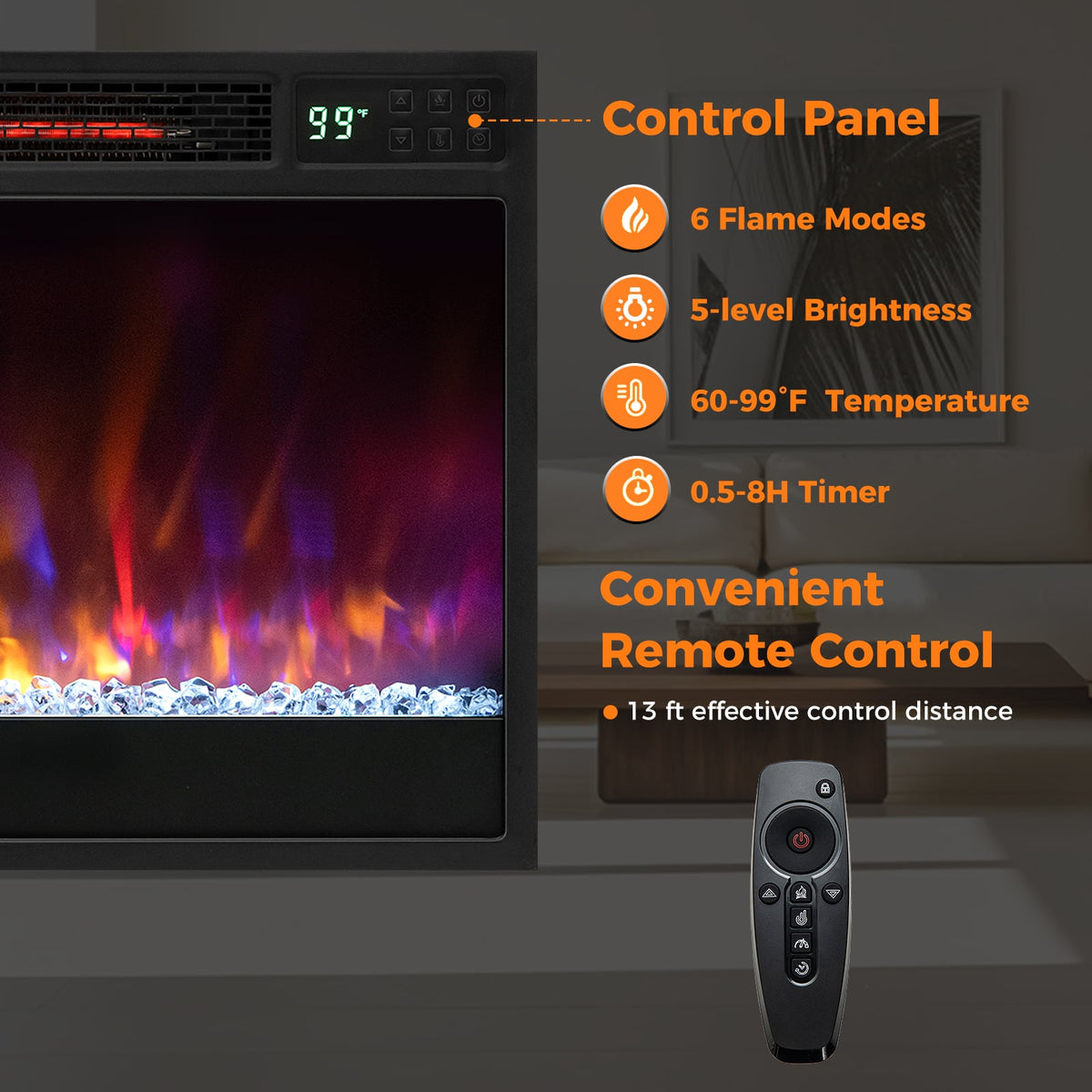 23 Inch 1500W Recessed Electric Fireplace Insert with Remote Control-Black-Fireplaces-DECOROLALA