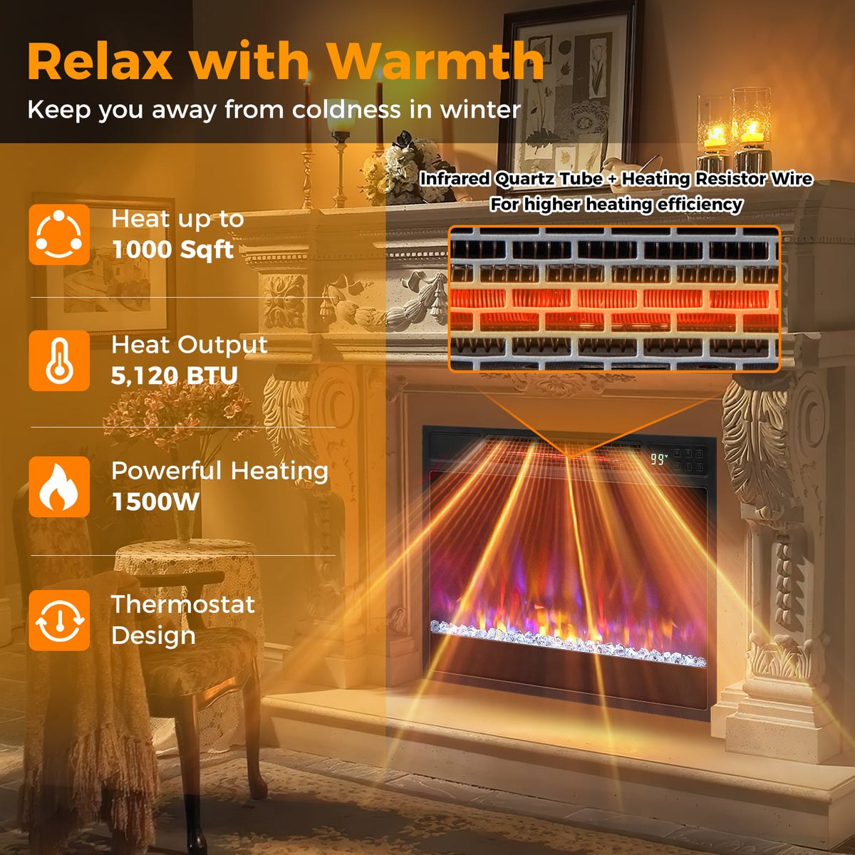 23 Inch 1500W Recessed Electric Fireplace Insert with Remote Control-Black-Fireplaces-DECOROLALA