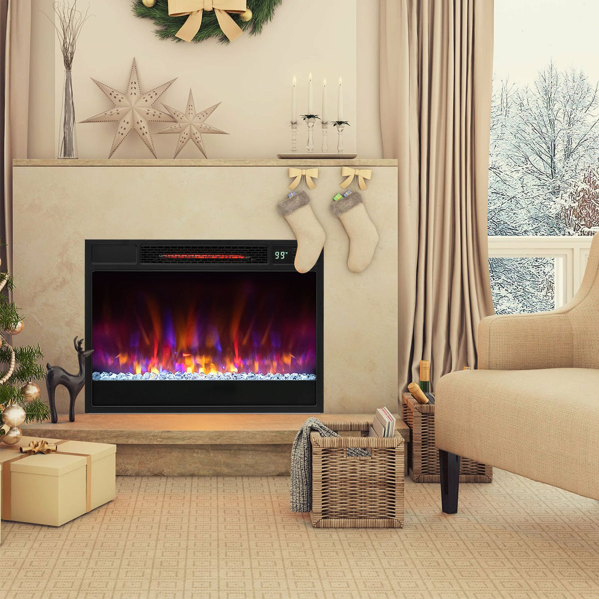 23 Inch 1500W Recessed Electric Fireplace Insert with Remote Control-Black-Fireplaces-DECOROLALA