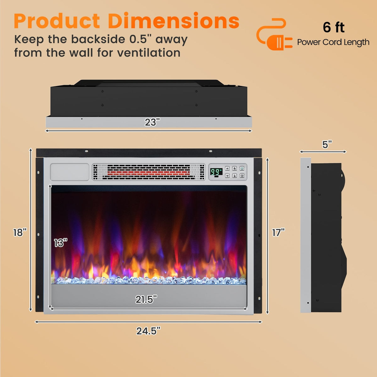 23 Inch 1500W Recessed Electric Fireplace Insert with Remote Control-Silver-Fireplaces-DECOROLALA