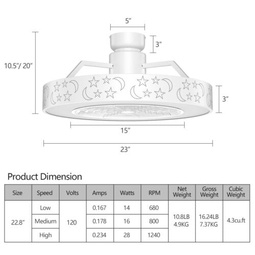 23 Inch Ceiling Fan with LED Light and Remote Control-White-Ceiling Fans-DECOROLALA