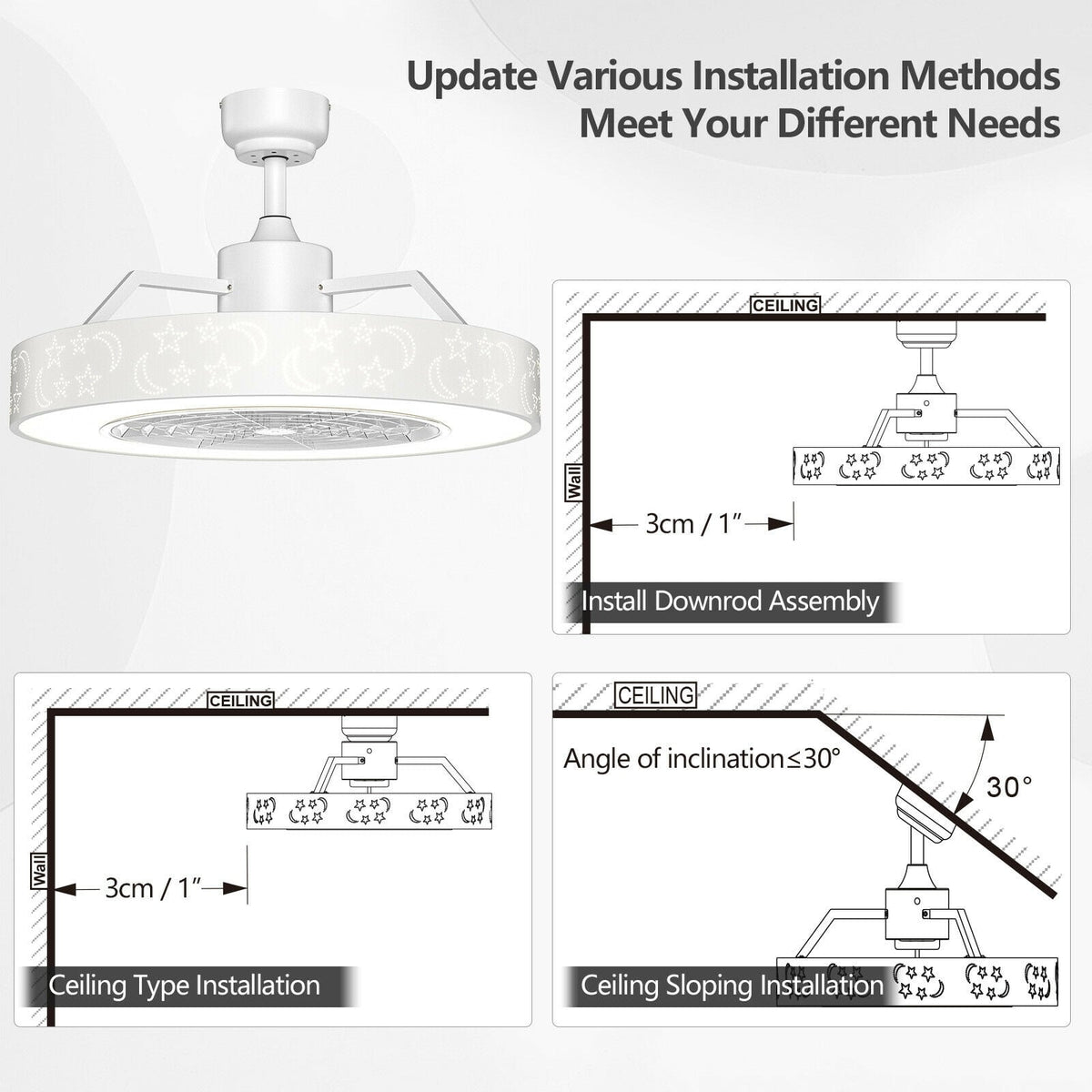 23 Inch Ceiling Fan with LED Light and Remote Control-White-Ceiling Fans-DECOROLALA