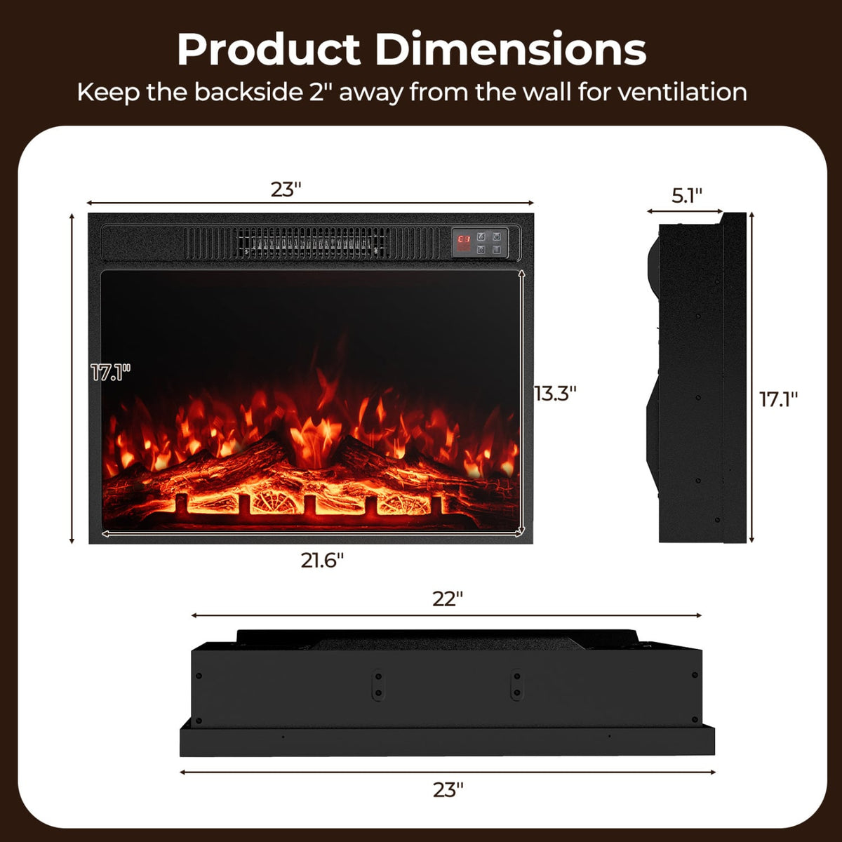 23 Inch Electric Fireplace Insert Fireplace Heater with Adjustable Flame Color-Fireplaces-DECOROLALA