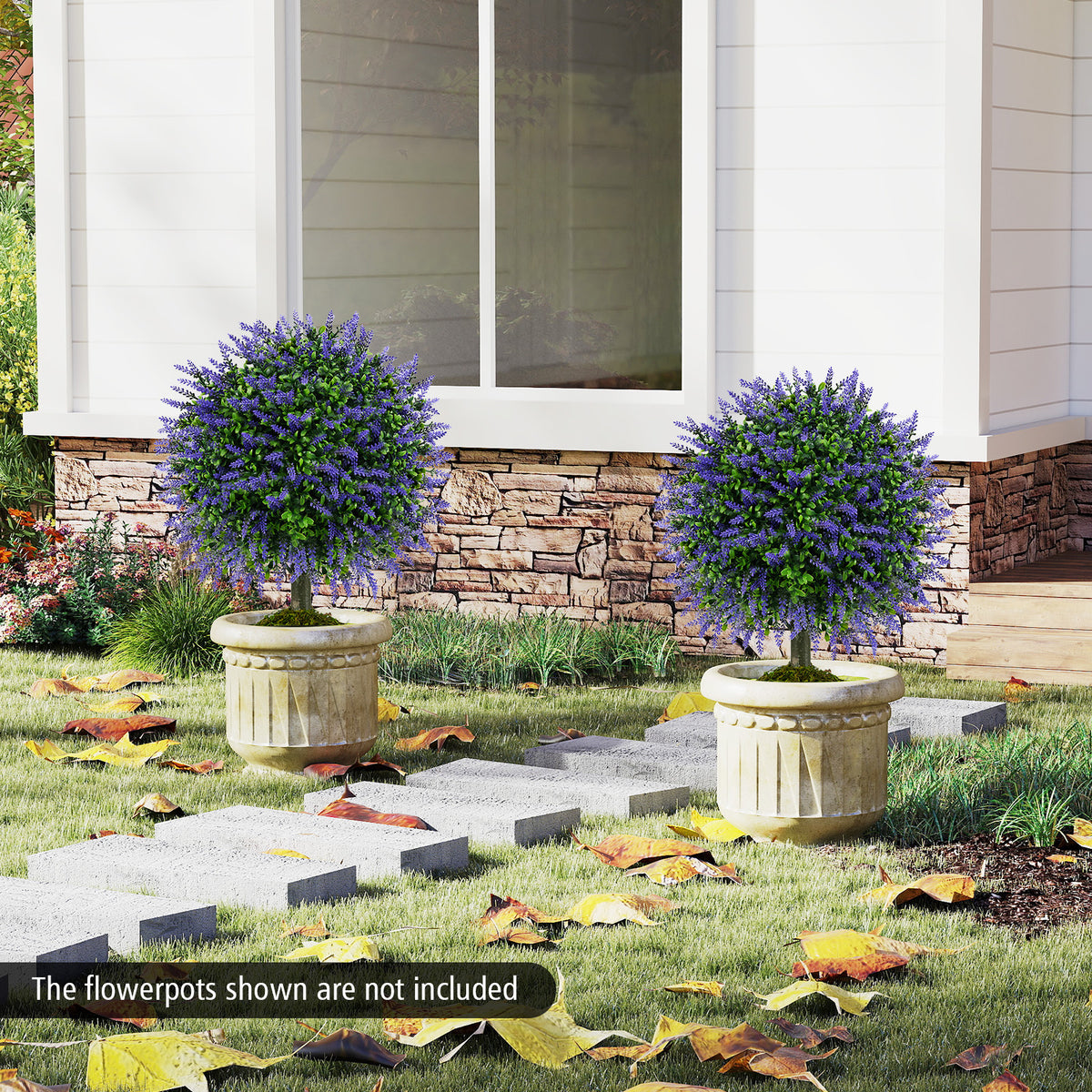 23 Inch Set of 2 Artificial Lavender Topiary Ball Trees with Cement-Filled Pot-Purple-Artificial Plants-DECOROLALA