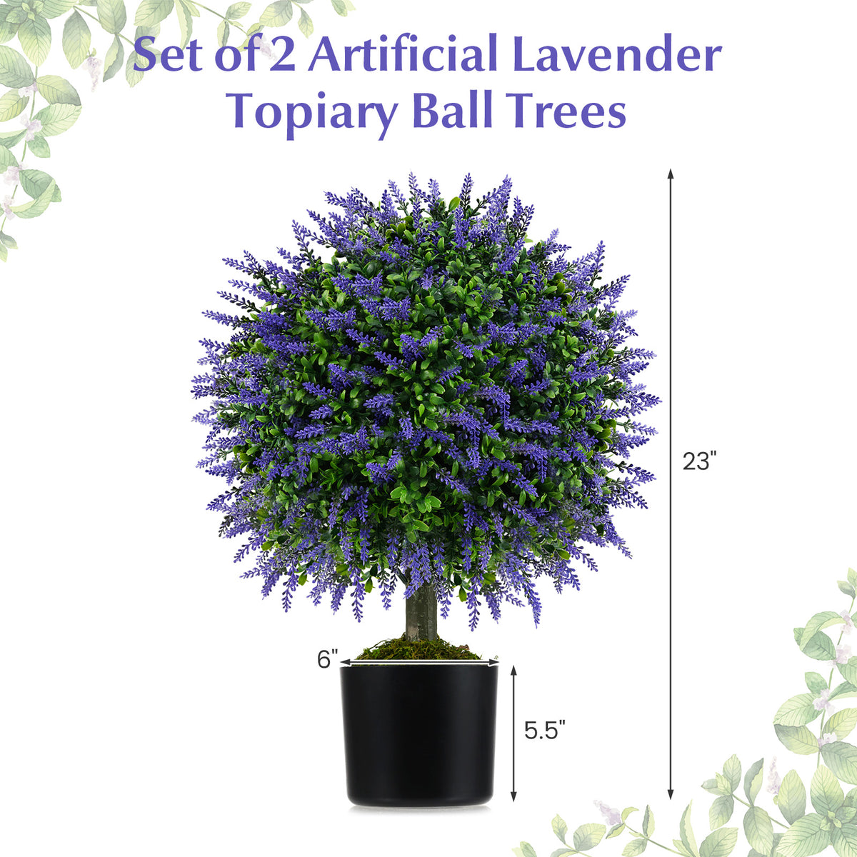 23 Inch Set of 2 Artificial Lavender Topiary Ball Trees with Cement-Filled Pot-Purple-Artificial Plants-DECOROLALA