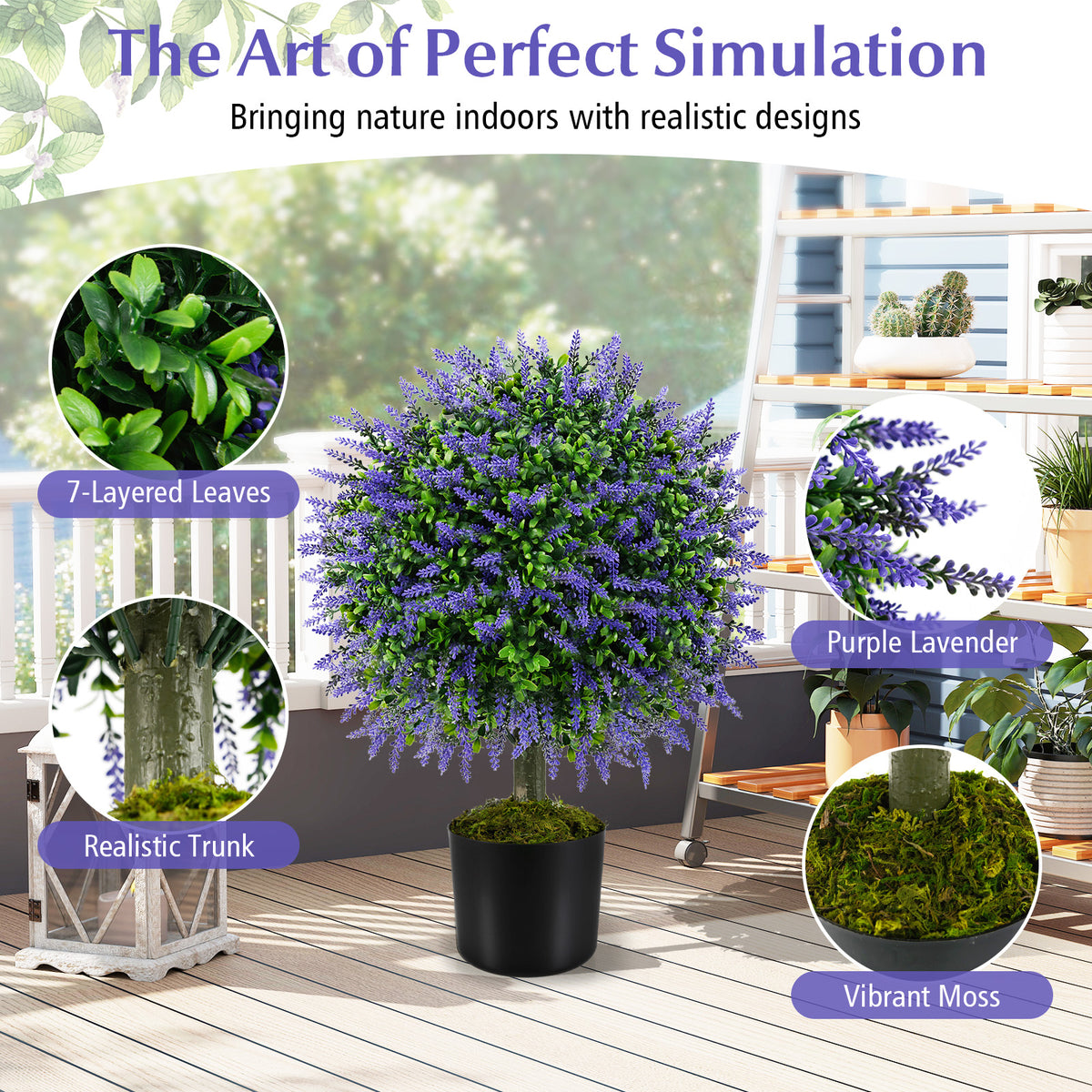 23 Inch Set of 2 Artificial Lavender Topiary Ball Trees with Cement-Filled Pot-Purple-Artificial Plants-DECOROLALA