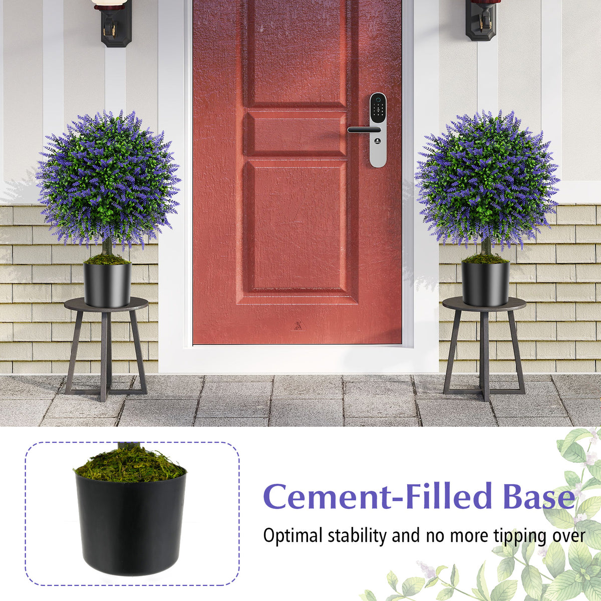 23 Inch Set of 2 Artificial Lavender Topiary Ball Trees with Cement-Filled Pot-Purple-Artificial Plants-DECOROLALA