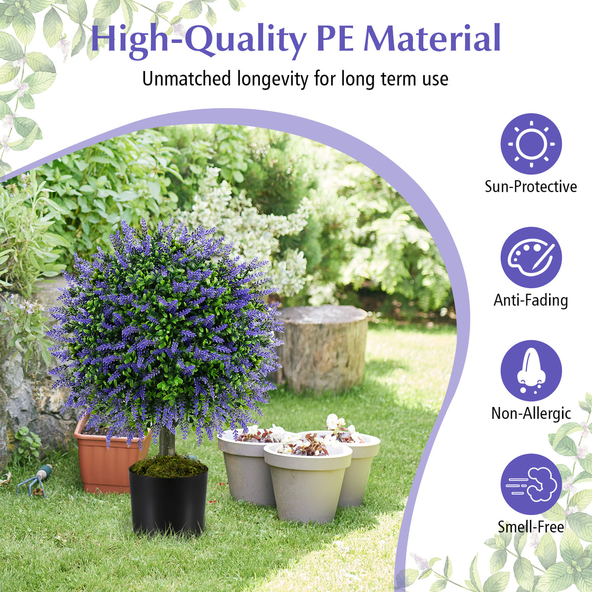23 Inch Set of 2 Artificial Lavender Topiary Ball Trees with Cement-Filled Pot-Purple-Artificial Plants-DECOROLALA