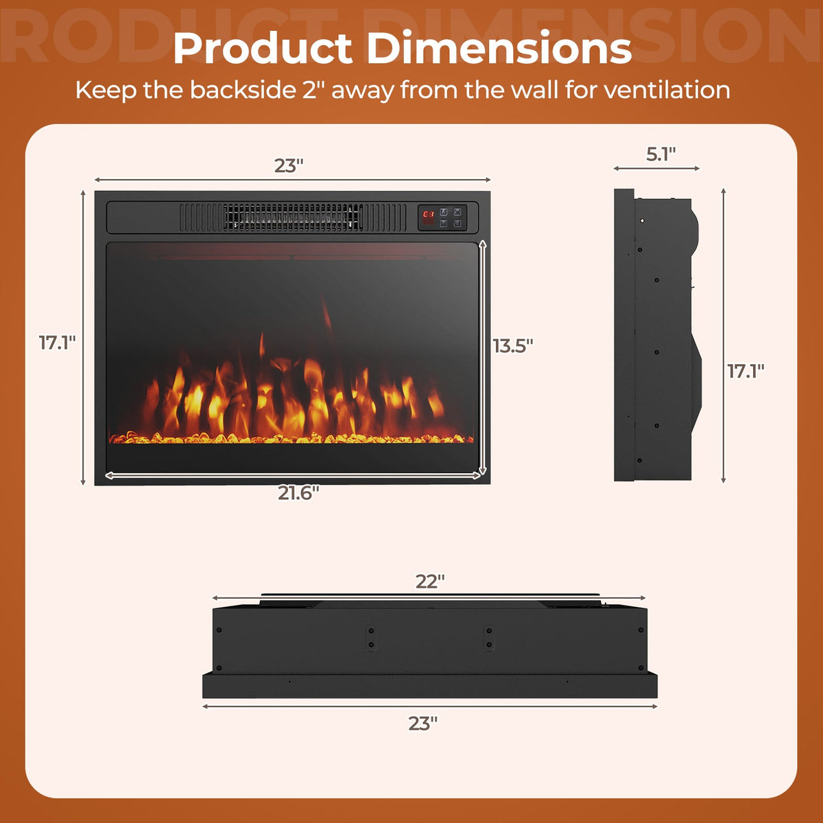 23 Inches 750W/1500W Electric Fireplace Heater with Alter Flame Color and Brightness-Fireplaces-DECOROLALA