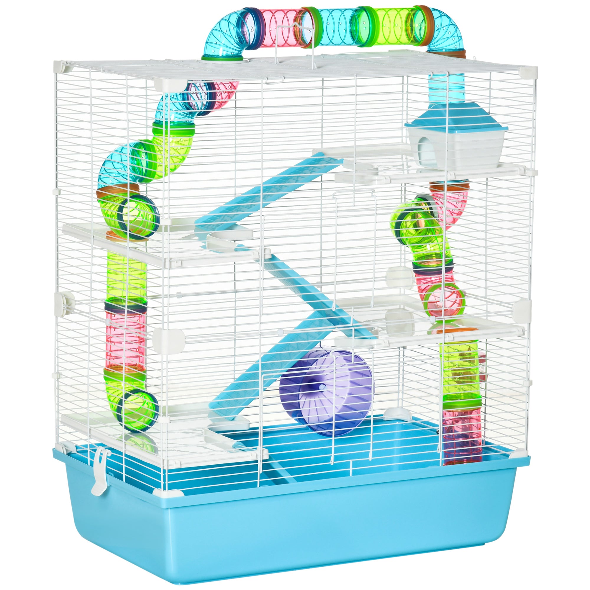 23" Large Hamster Cage, Small Animal House, 5-Level Gerbil Haven, Tunnel Tube System, with Water Bottle, Exercise Wheel, Food Dish, Ramps, 2 Doors, Light Blue-Small Animals-DECOROLALA