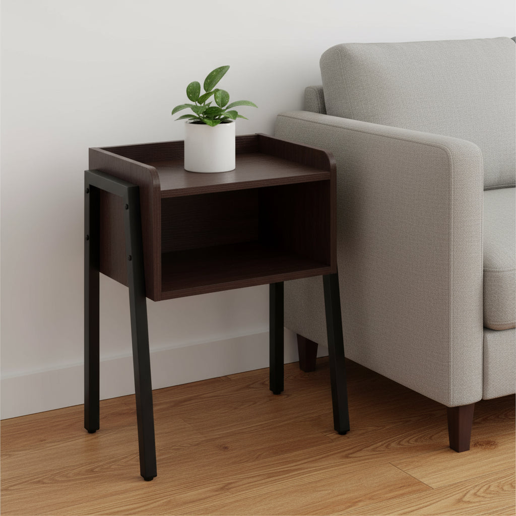 23" Rectangular Espresso Accent Table With Black Metal Legs-End-Side Tables-DECOROLALA