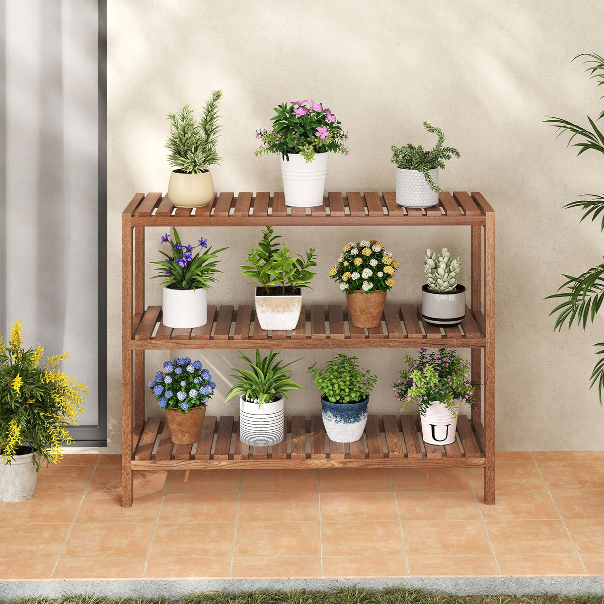 2/3-Tier Side Table Teak Wood Stand Utility Storage Shelf-3-Tier-Plant Stands-DECOROLALA