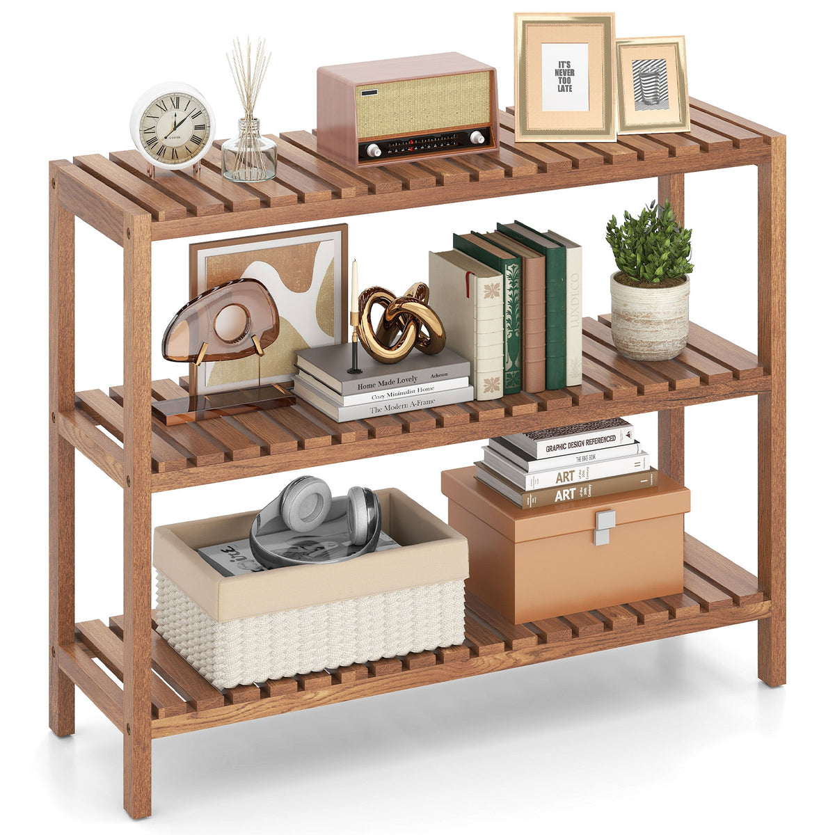 2/3-Tier Side Table Teak Wood Stand Utility Storage Shelf-3-Tier-Plant Stands-DECOROLALA