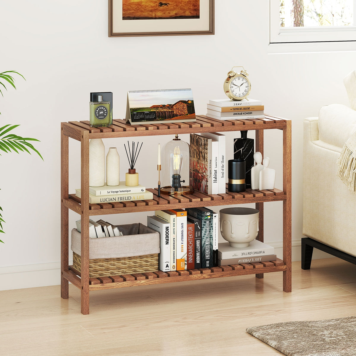2/3-Tier Side Table Teak Wood Stand Utility Storage Shelf-3-Tier-Plant Stands-DECOROLALA