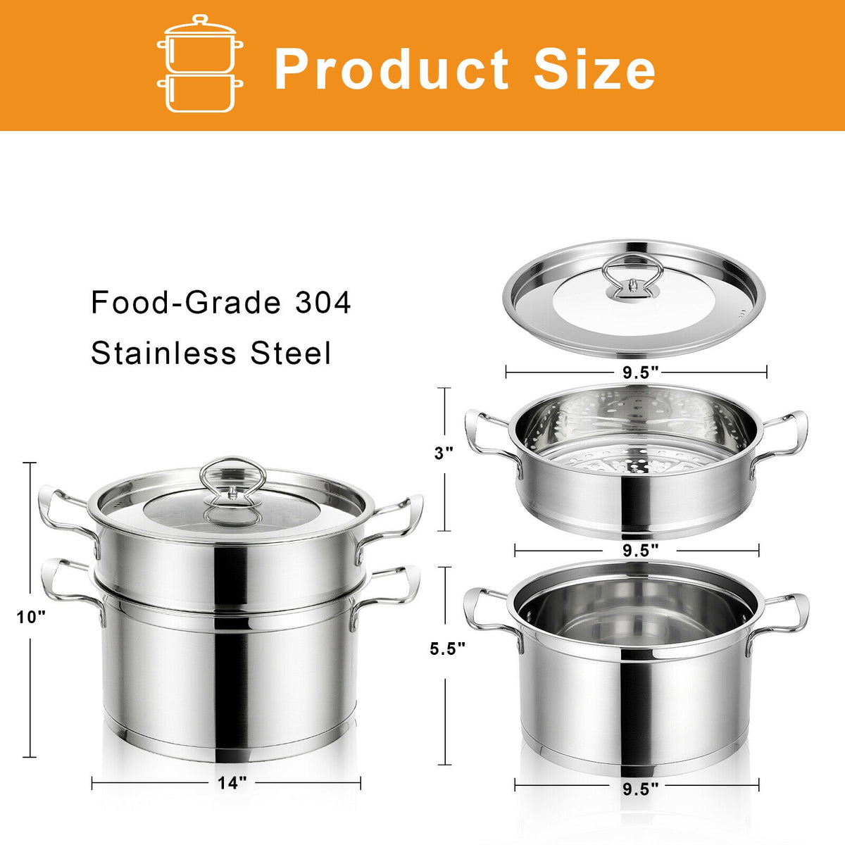 2/3 Tier Stainless Steel Steamer with Handles and Glass Lid-2-Tier-Cookware & Bakeware-DECOROLALA