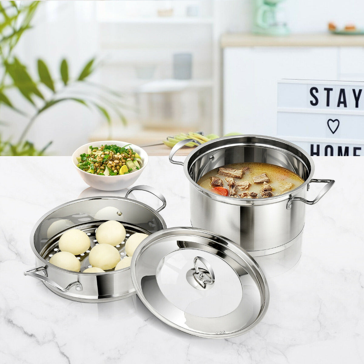 2/3 Tier Stainless Steel Steamer with Handles and Glass Lid-2-Tier-Cookware & Bakeware-DECOROLALA