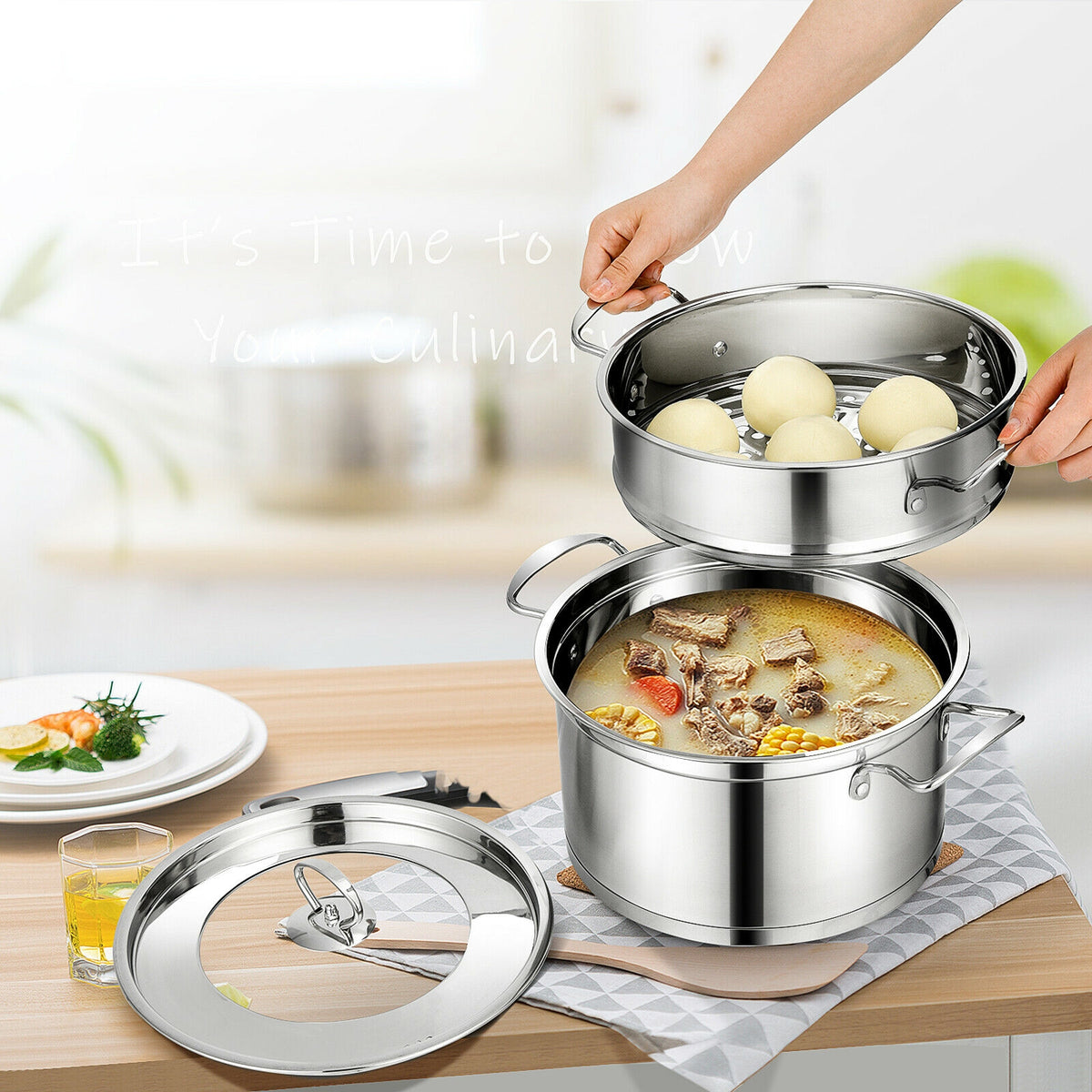 2/3 Tier Stainless Steel Steamer with Handles and Glass Lid-2-Tier-Cookware & Bakeware-DECOROLALA