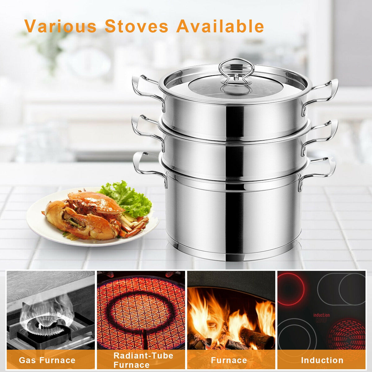 2/3 Tier Stainless Steel Steamer with Handles and Glass Lid-3-Tier-Cookware & Bakeware-DECOROLALA
