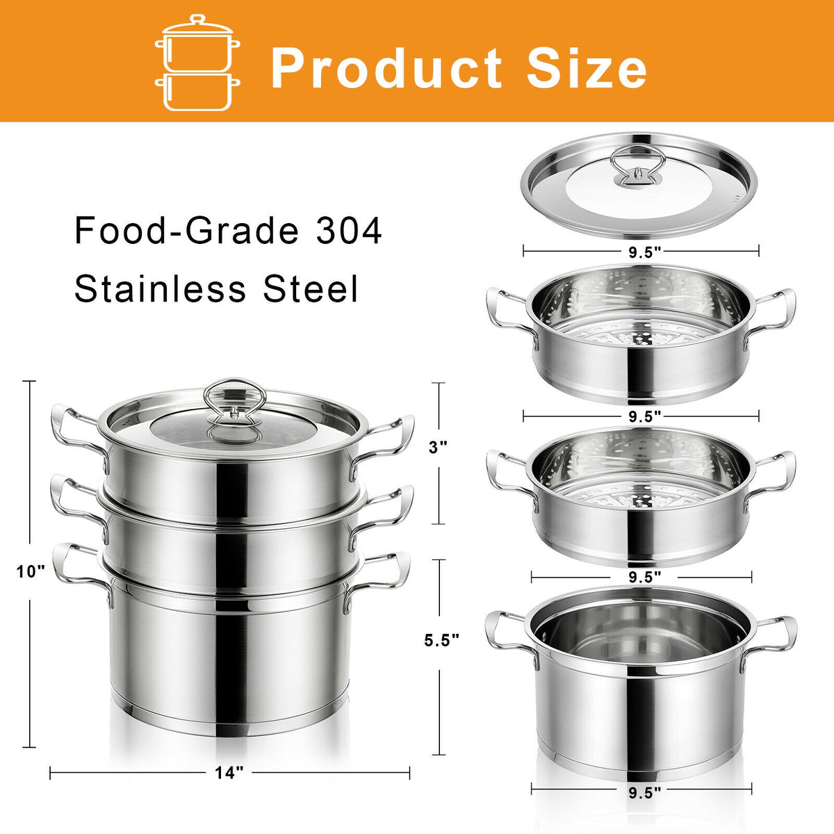 2/3 Tier Stainless Steel Steamer with Handles and Glass Lid-3-Tier-Cookware & Bakeware-DECOROLALA