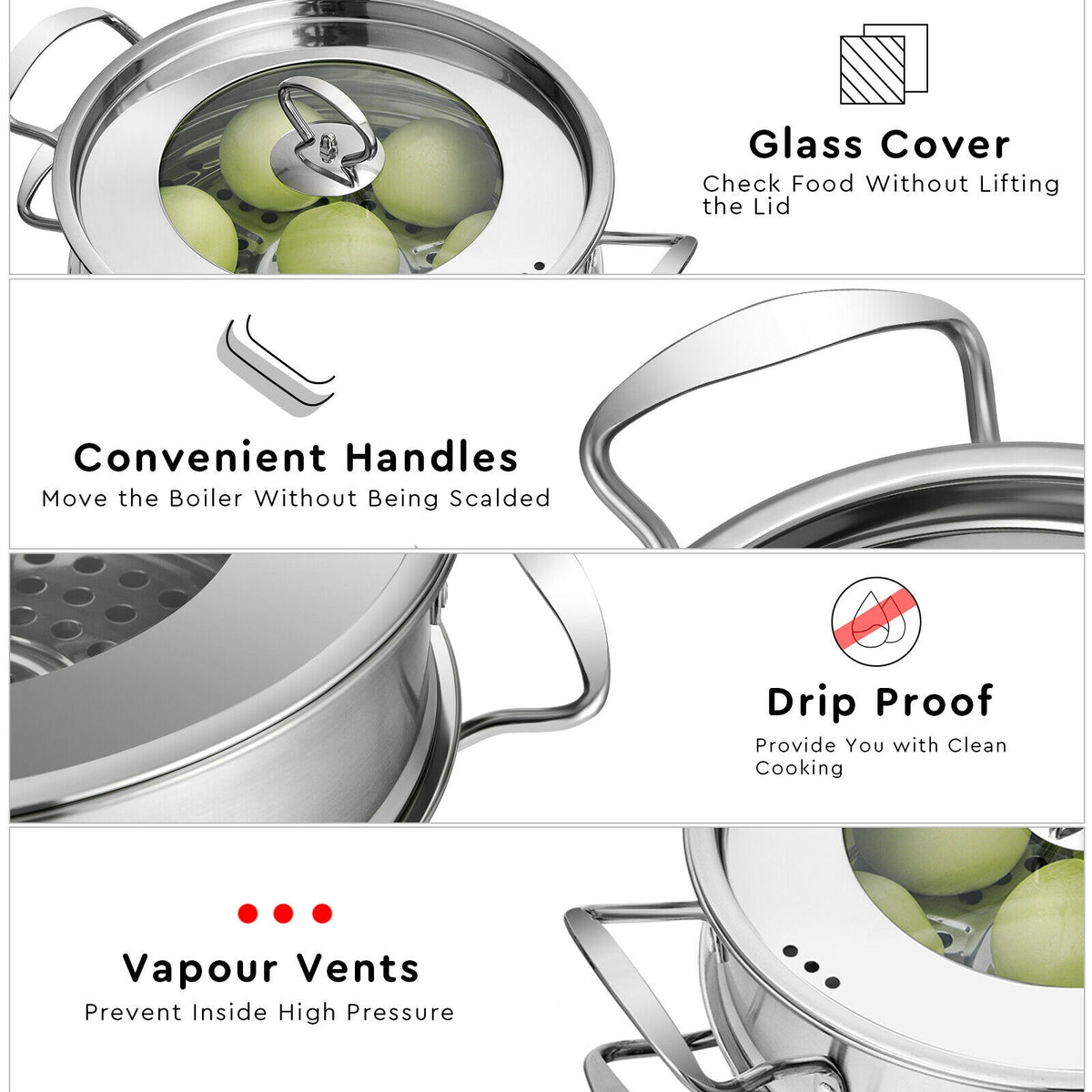 2/3 Tier Stainless Steel Steamer with Handles and Glass Lid-3-Tier-Cookware & Bakeware-DECOROLALA
