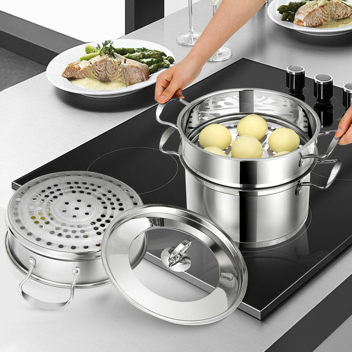 2/3 Tier Stainless Steel Steamer with Handles and Glass Lid-3-Tier-Cookware & Bakeware-DECOROLALA