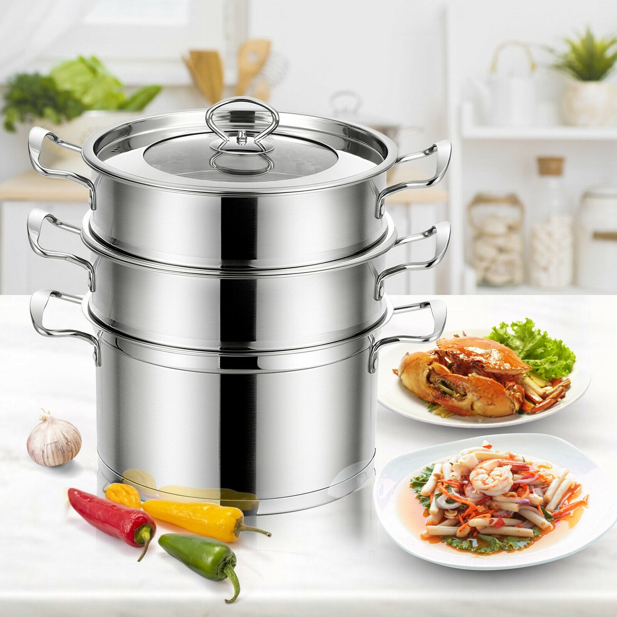 2/3 Tier Stainless Steel Steamer with Handles and Glass Lid-3-Tier-Cookware & Bakeware-DECOROLALA