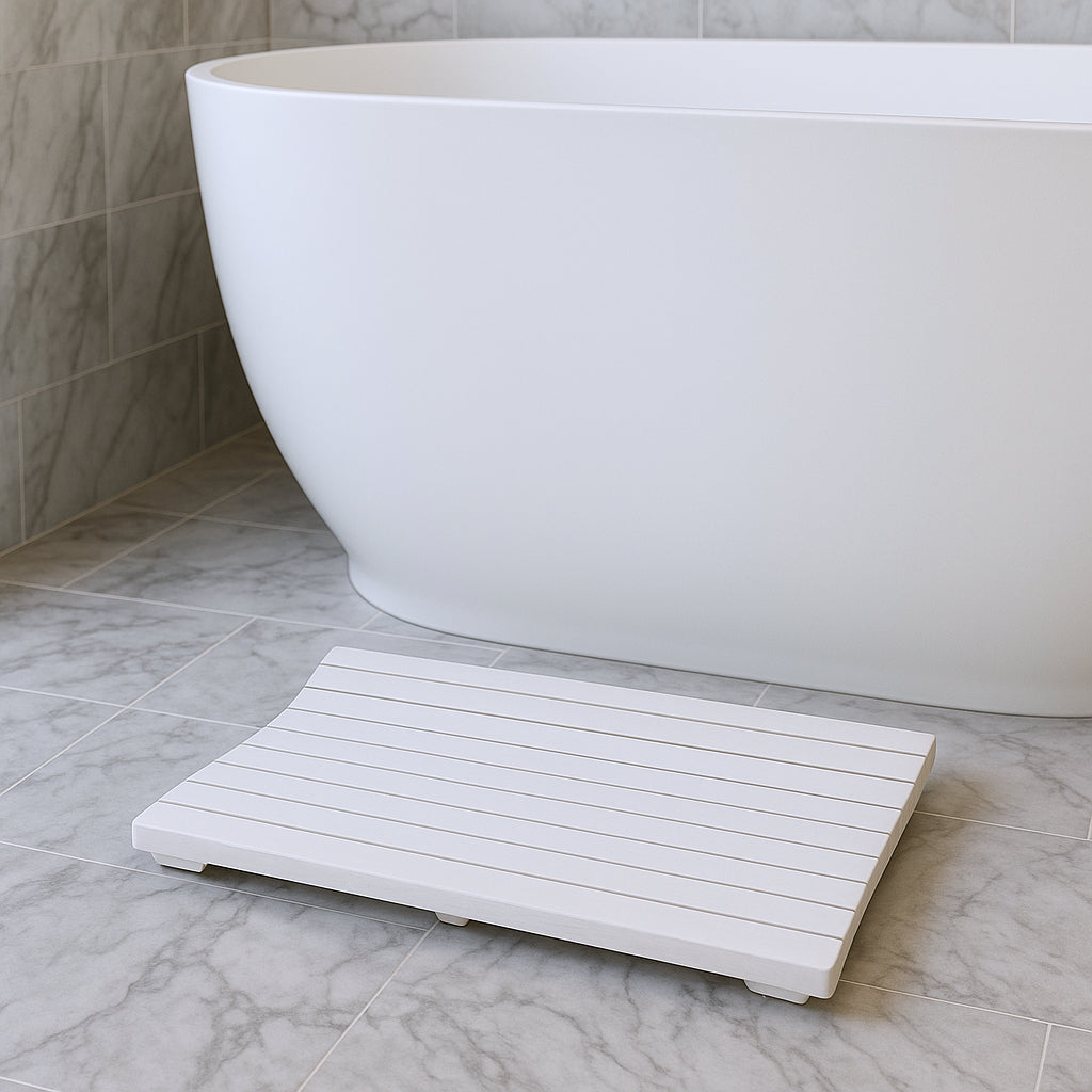 23" White Teak Slat Non Slip Bath Mat-Bath Rug-DECOROLALA