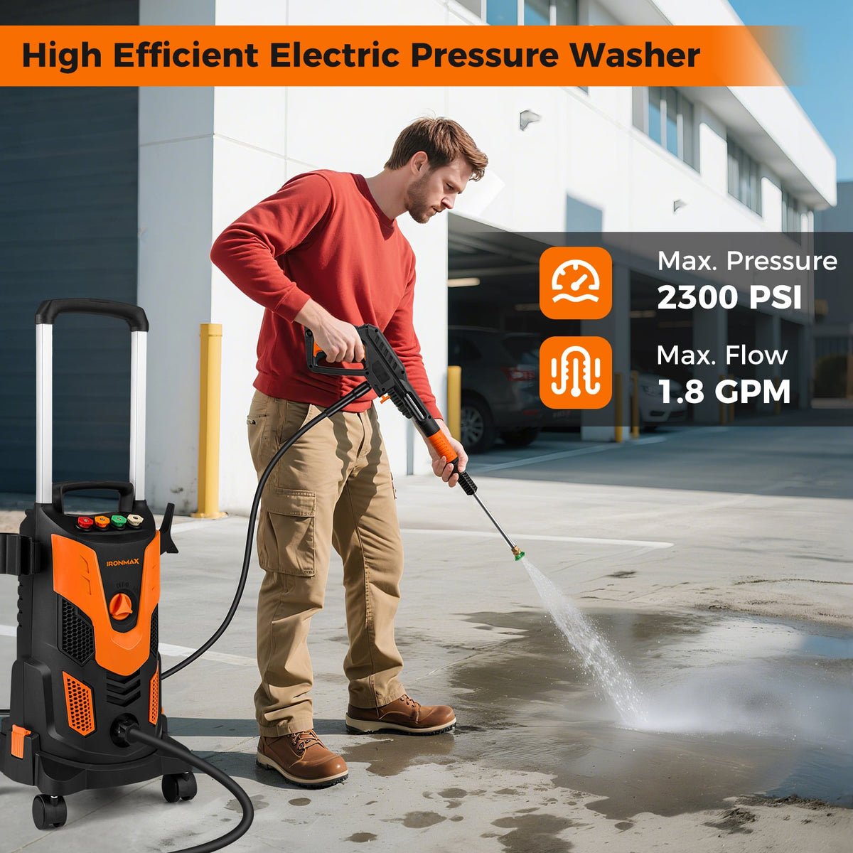 2300 PSI 1.8 GPM Electric High Pressure Power Washer-Orange-Pressure Washers-DECOROLALA